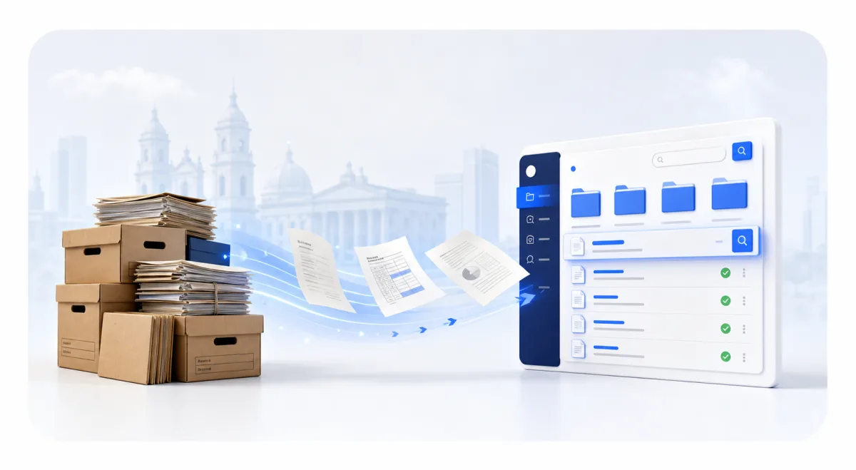 Cajas y documentos físicos transformándose en un archivo digital organizado